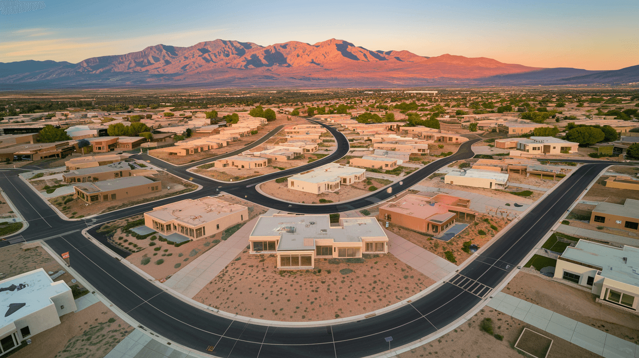 Aerial view of a new construction subdivision on Albuquerque's West Mesa with the Sandia Mountains glowing at sunset in the background, streets laid out in clean curves with freshly built homes and desert landscaping