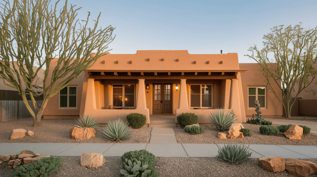 A well-maintained adobe-style resale home in an established Albuquerque neighborhood with mature desert landscaping, a covered portal porch, and late afternoon golden light on the facade
