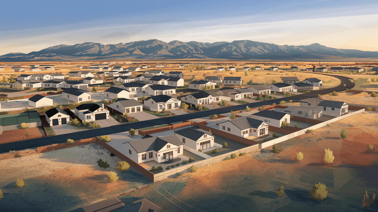 Aerial view of a new residential subdivision under development on the Northwest Albuquerque mesa near Rio Rancho, with the Sandia Mountains visible in the distance under a wide New Mexico sky