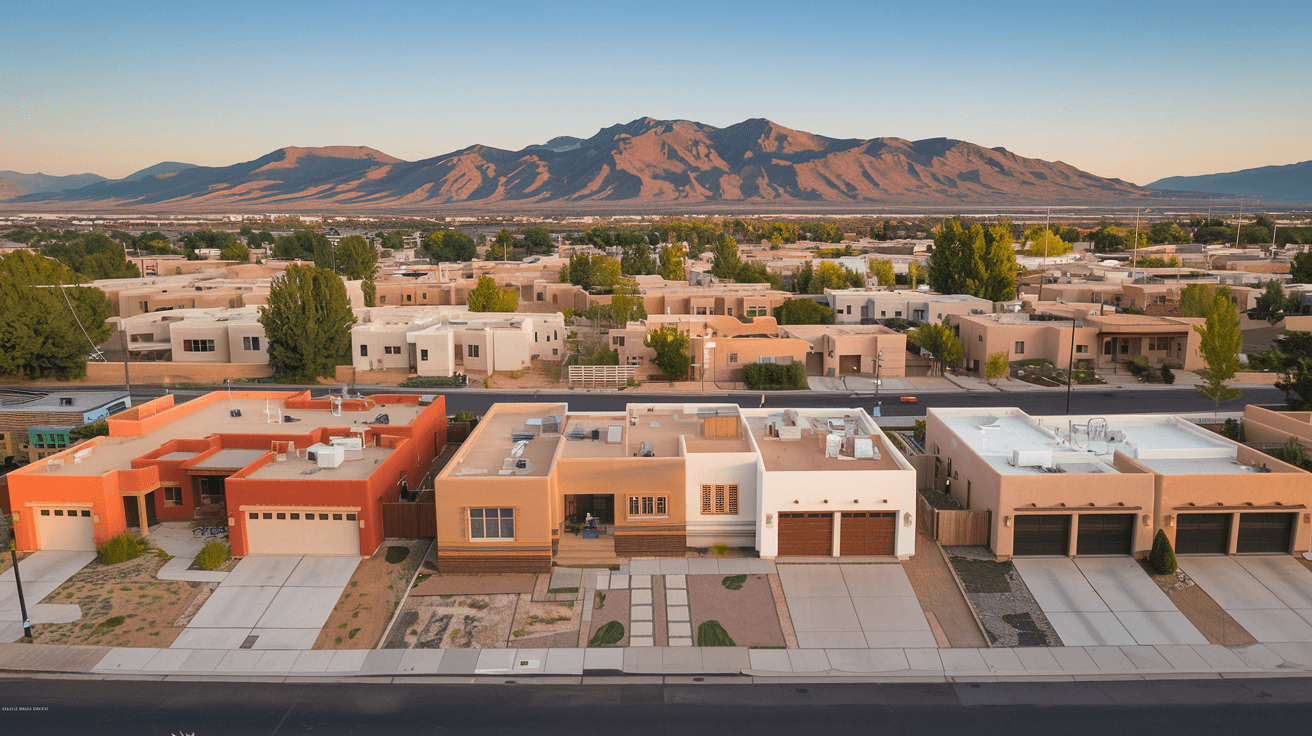 Aerial view of an Albuquerque residential neighborhood near the Rio Grande with the Sandia Mountains in the background on a clear morning, showcasing single-family adobe-style homes