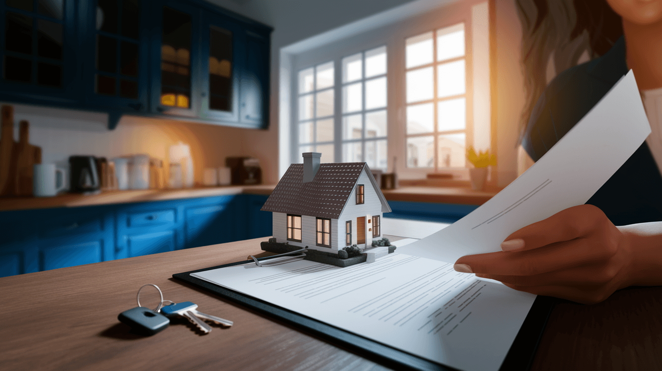 A first-time home buyer reviewing loan documents at a kitchen table with natural light coming through a window, a set of house keys resting nearby on the table
