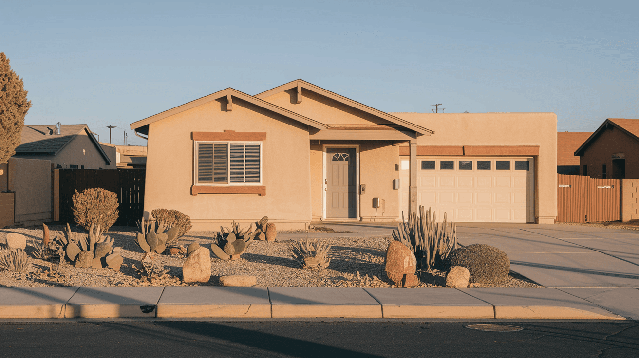 A neatly maintained starter home with a freshly painted front door and desert-friendly xeriscape yard in a quiet Albuquerque residential neighborhood, afternoon light casting long shadows across the street
