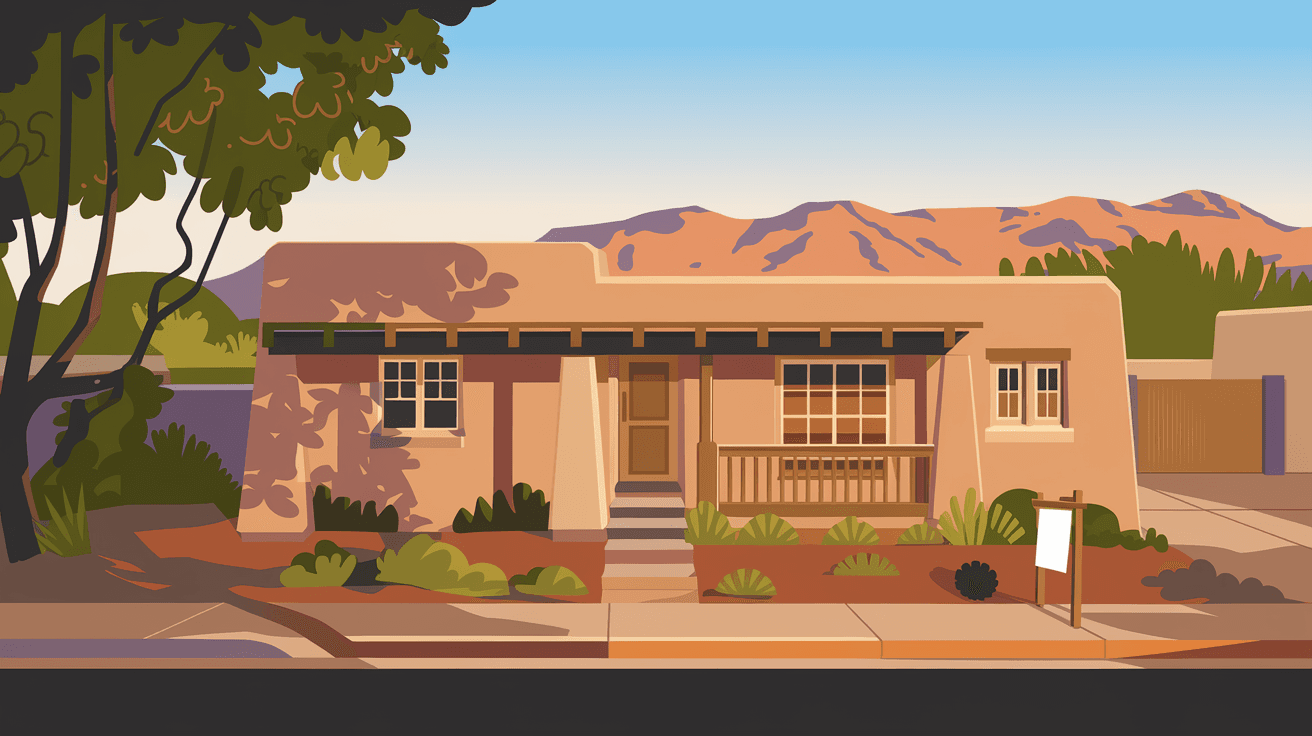 A recently sold adobe-style starter home in Albuquerque's South Valley neighborhood, warm afternoon light, Sandia Mountains visible in the background, for sale sign in yard