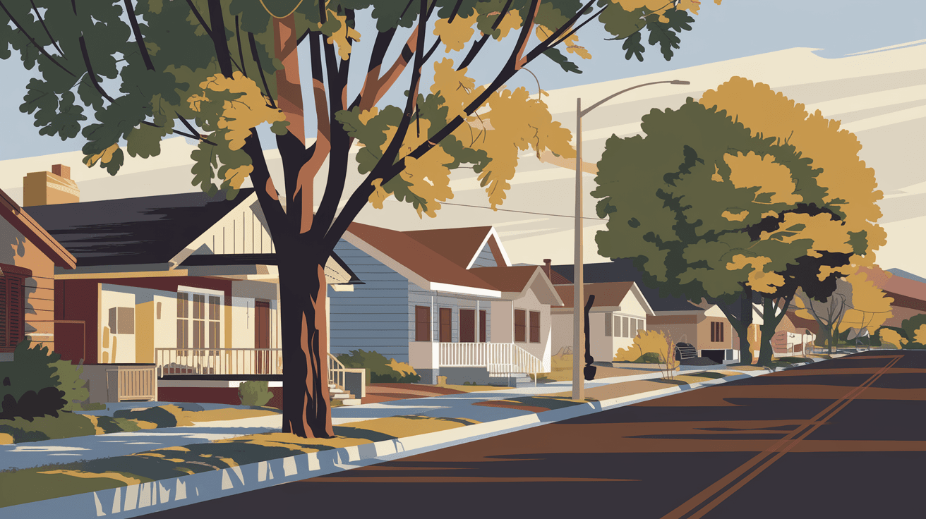 A tree-lined residential street in Albuquerque's Barelas neighborhood with modest single-family homes, warm golden hour light, mature cottonwood trees, no people visible