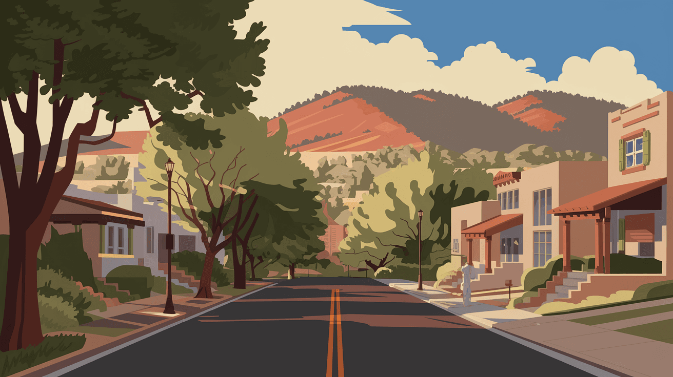 A wide-angle view of a quiet Albuquerque residential street lined with mature cottonwood trees and single-family homes in warm late afternoon light, the Sandia Mountains rising in the distance