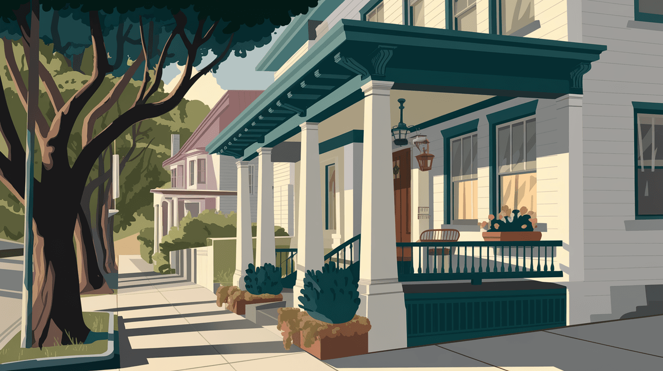 The exterior of a classic Nob Hill bungalow with a covered front porch, mature shade trees lining the sidewalk, late afternoon golden light casting long shadows on the quiet residential street