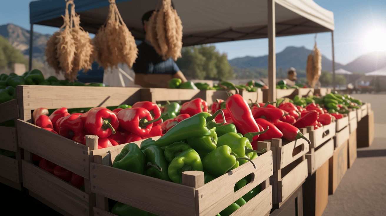 A sunlit New Mexico farmers market scene with wooden crates of fresh Hatch green and red chiles, dried ristras hanging from a vendor canopy, Sandia Mountains visible in the background
