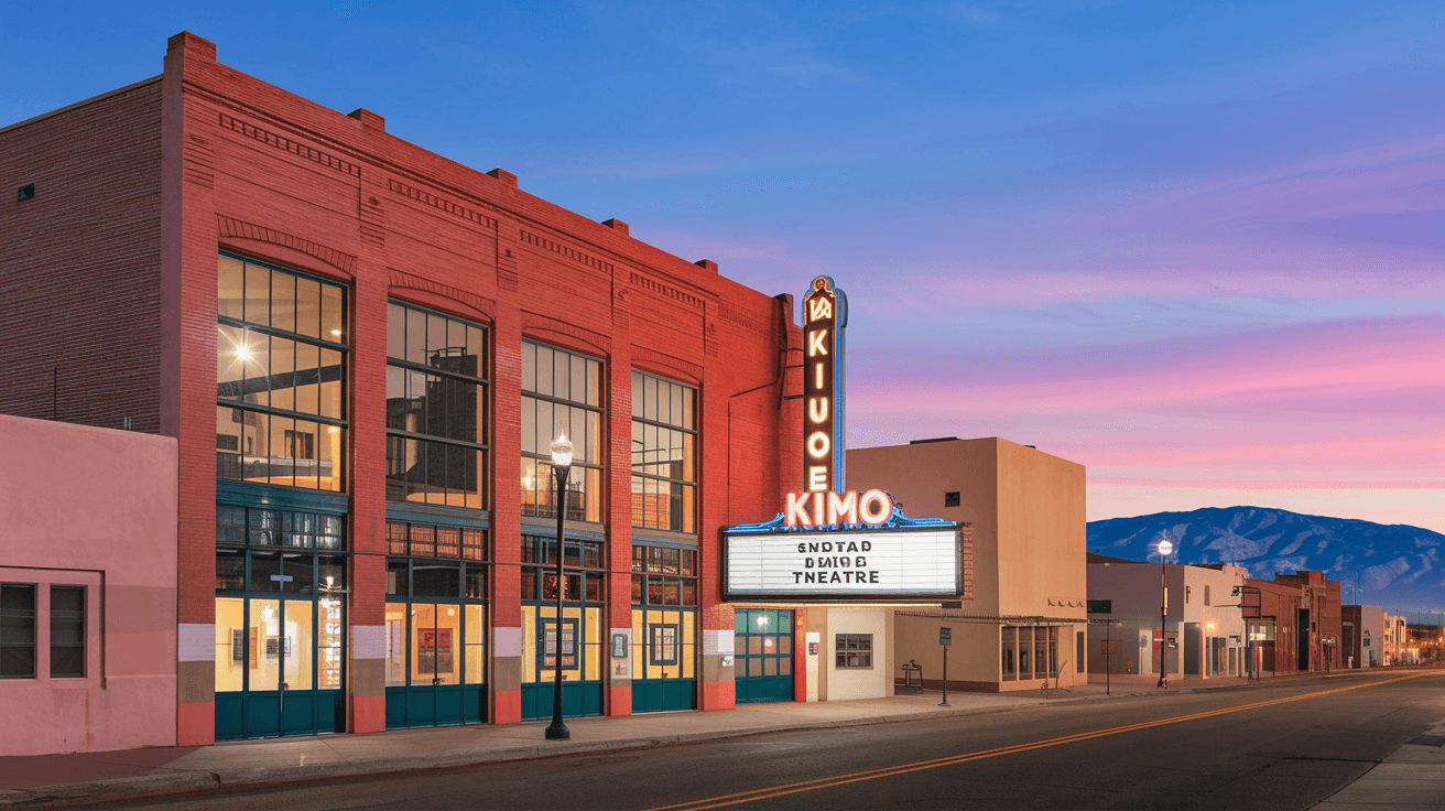 Street-level view of the Downtown EDo arts district in Albuquerque at dusk, showing a converted brick warehouse with warm gallery lighting, the Kimo Theatre marquee visible in the background, and the Sandia Mountains glowing pink on the horizon