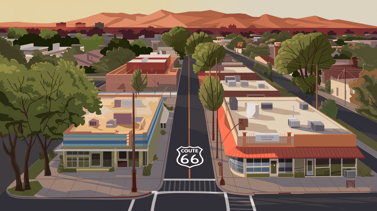 Aerial view of Central Avenue NE through Nob Hill at golden hour, showing the historic Route 66 corridor with mature trees, low-rise mid-century commercial buildings, and residential side streets stretching toward the Sandia Mountains