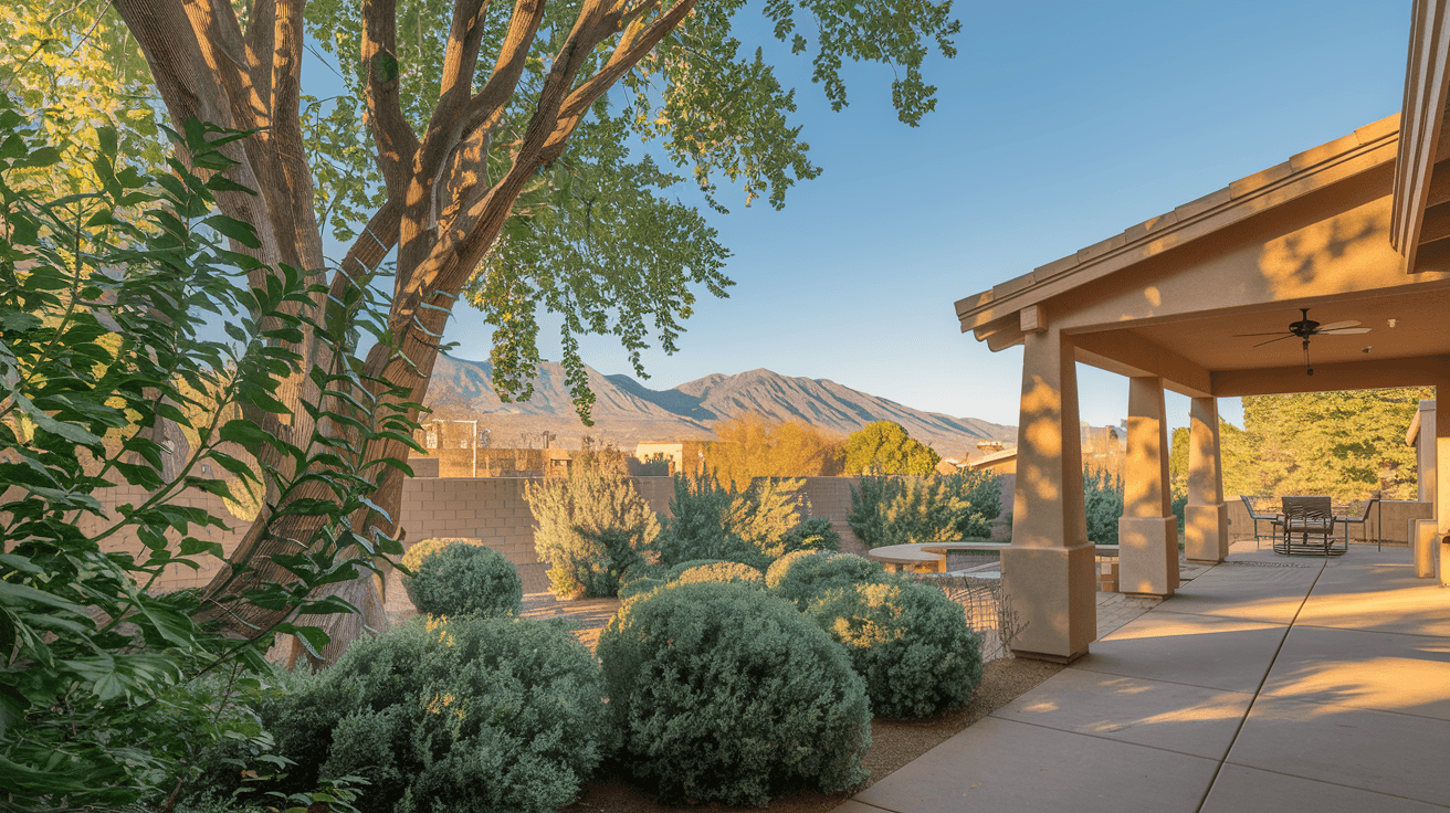A sunlit backyard patio in a Northeast Heights home featuring a covered portal, mature shade trees, and a view toward the Sandia Mountains on a clear Albuquerque afternoon