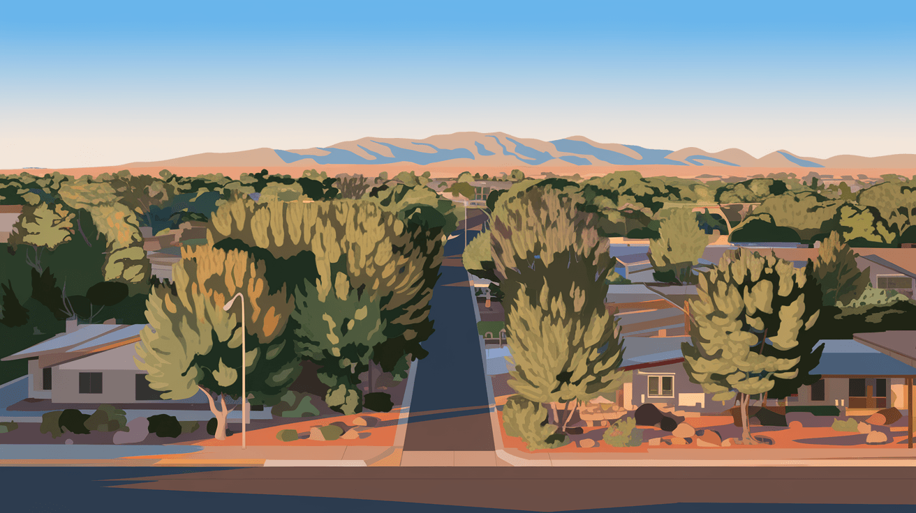 Aerial view of a quiet Northeast Heights residential street with mature trees, ranch-style homes, and the Sandia Mountains visible in the background under a wide New Mexico sky