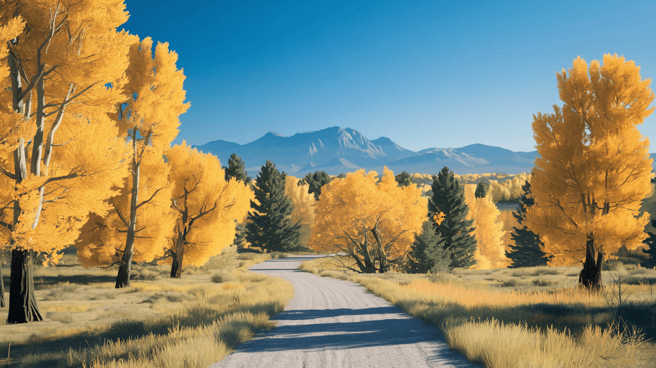 A wide gravel trail winding through golden cottonwood trees along the Rio Grande bosque in Albuquerque, with the Sandia Mountains visible in the distance under a clear blue sky