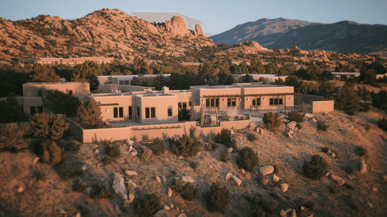 Aerial view of the Sandia Mountain foothills at golden hour, with custom adobe homes nestled among high desert scrub and rocky terrain, Albuquerque, New Mexico