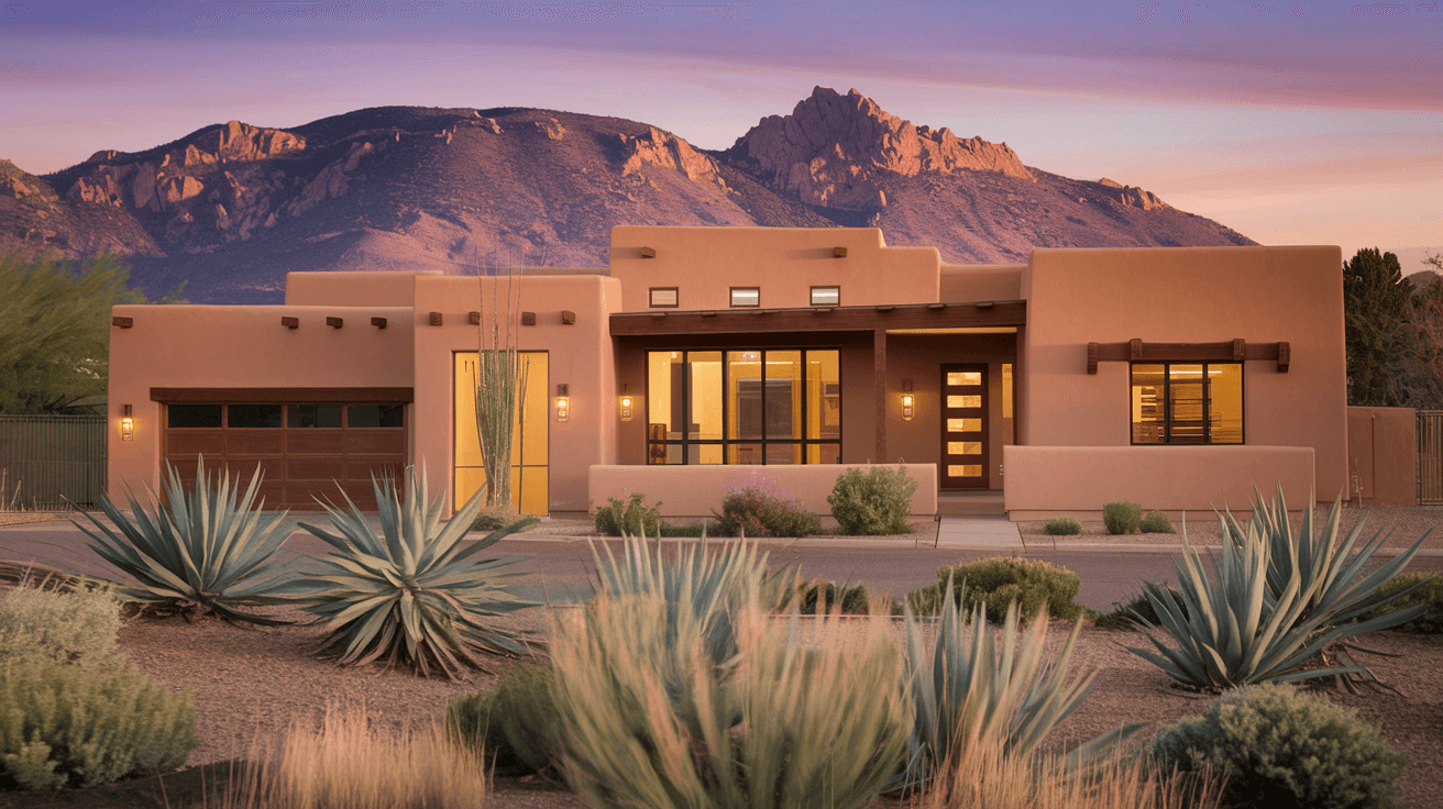 A custom contemporary Pueblo Revival home in Albuquerque's High Desert neighborhood at dusk, with warm interior lights glowing, desert landscaping in the foreground, and the Sandia Mountains illuminated in deep purple and orange behind it