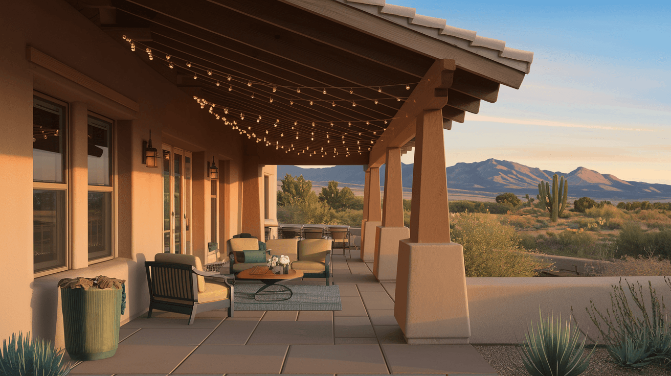 A beautifully designed covered patio on an Albuquerque home with wood ceiling, string lights, and a view toward the Sandia Mountains at golden hour