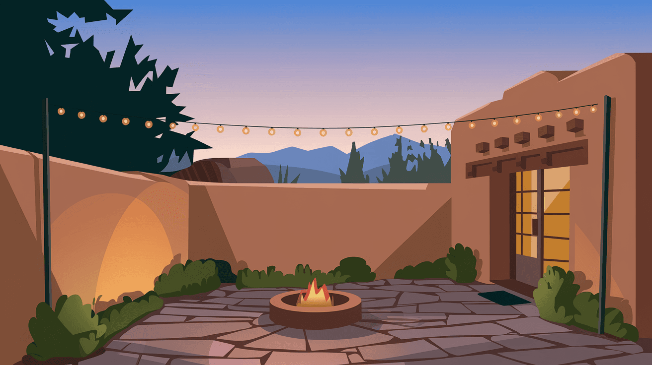 A private walled courtyard in an Albuquerque home with a traditional New Mexican adobe wall, a small fire pit surrounded by flagstone, string lights overhead, and a glimpse of the Sandia Mountains in the distance at dusk