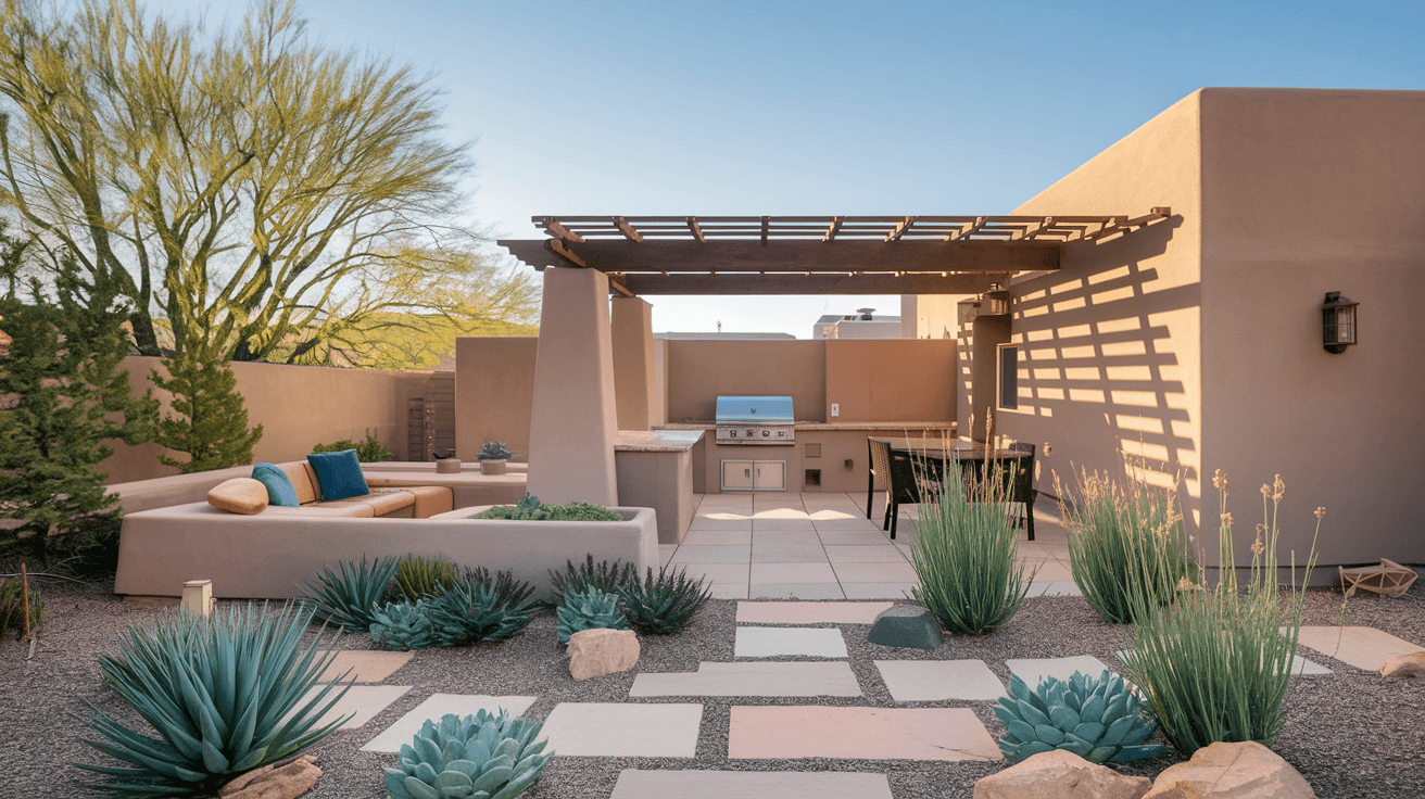 A beautifully designed xeriscape backyard in an Albuquerque home featuring flagstone pathways, native desert plantings, a built-in outdoor kitchen, and a pergola casting shade over a seating area