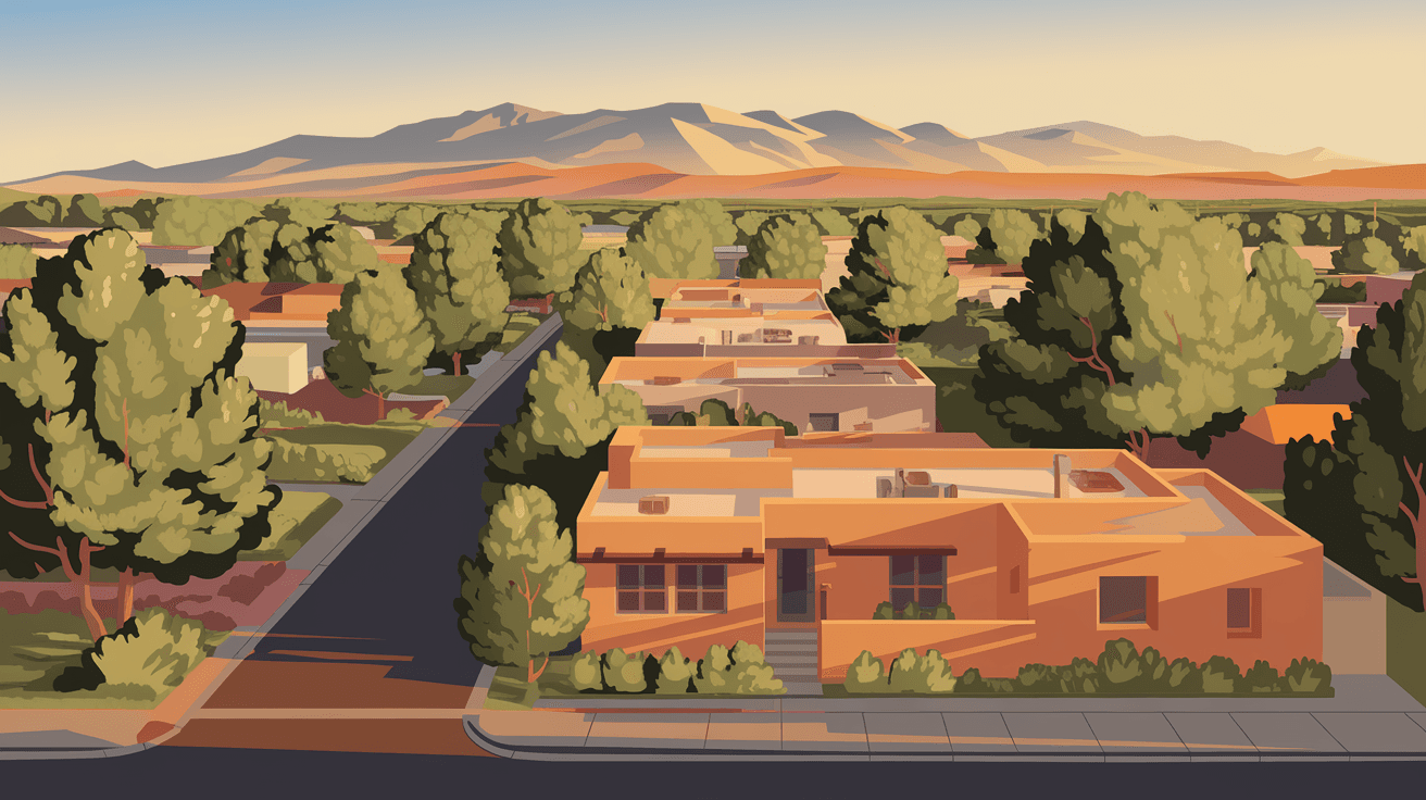 Aerial view of a quiet Albuquerque residential neighborhood with the Sandia Mountains glowing at sunset in the background, adobe-style homes with terracotta rooflines and mature cottonwood trees lining the streets