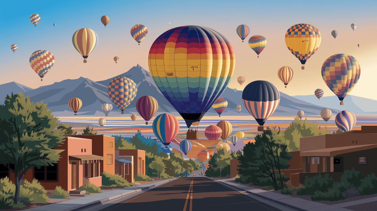 The Albuquerque International Balloon Fiesta mass ascension at sunrise, dozens of colorful hot air balloons rising over the Rio Grande with the Sandia Mountains in the distance, viewed from a residential neighborhood street
