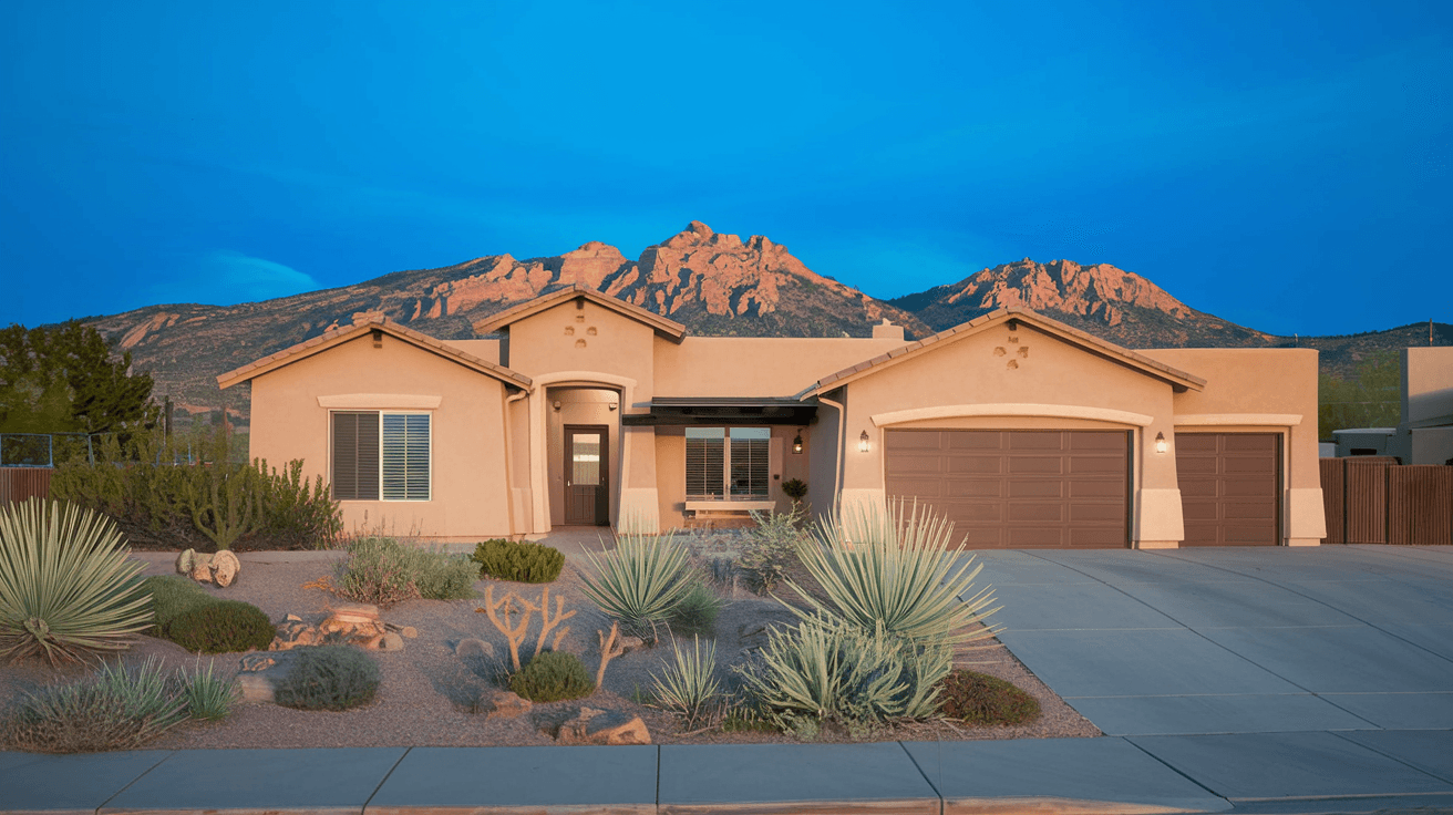 A well-maintained Four Hills home with a two-car garage, xeriscaped front yard with native plants, and a clear view of the Sandia Mountains rising in the background under a vivid blue New Mexico sky