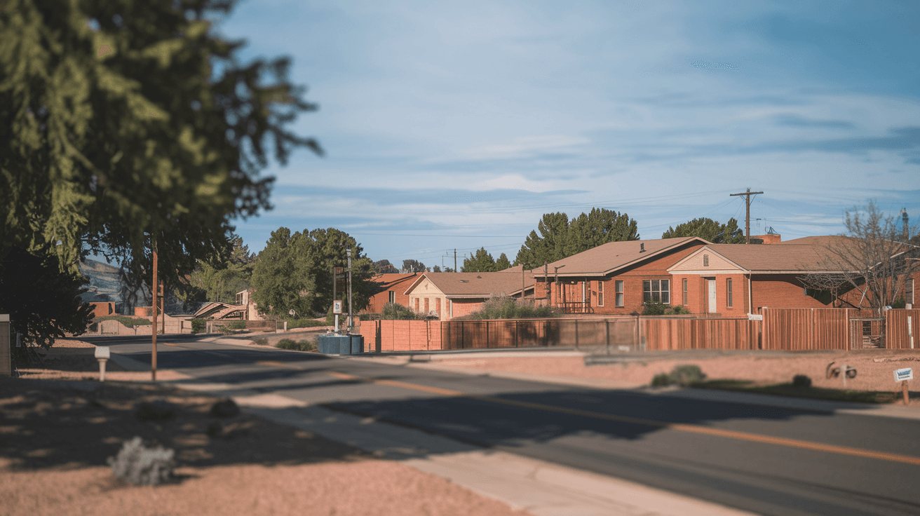 A traditional New Mexico adobe home surrounded by mature cottonwood trees in golden fall foliage, with a wooden portal and a view of the Rio Grande bosque in the background, warm late afternoon light