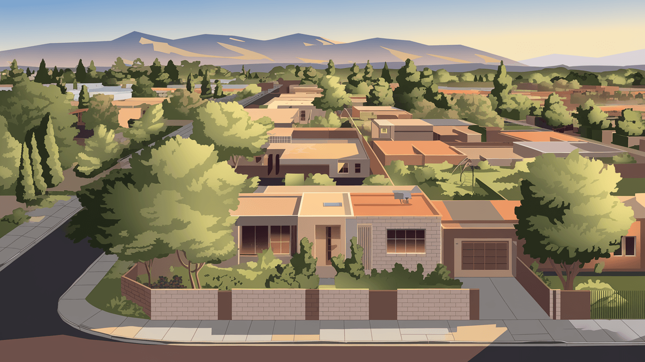 Aerial view of a mature Southeast Heights neighborhood in Albuquerque with tree-lined streets, block-wall yards, and the Sandia Mountains visible in the background at golden hour