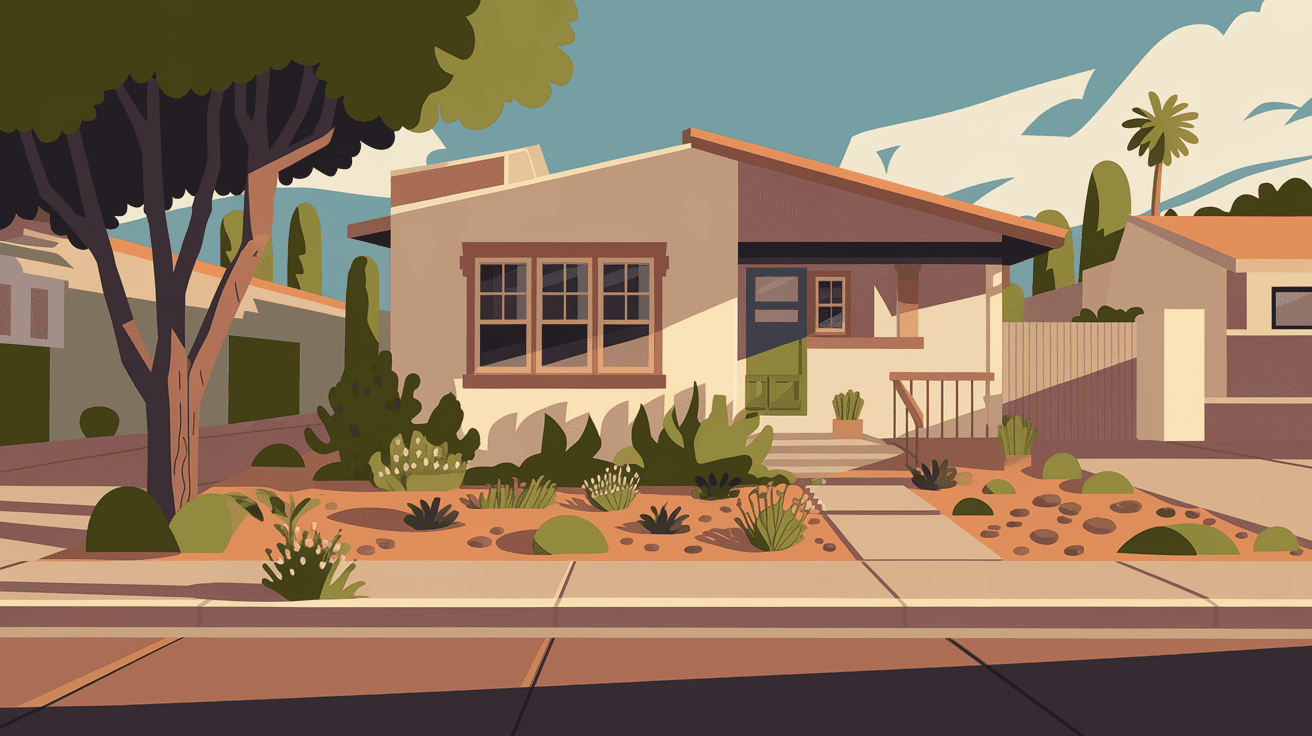 A charming mid-century adobe bungalow on a tree-lined Albuquerque street in the Nob Hill neighborhood, with a xeriscaped front yard and warm afternoon light casting long shadows across the stucco exterior