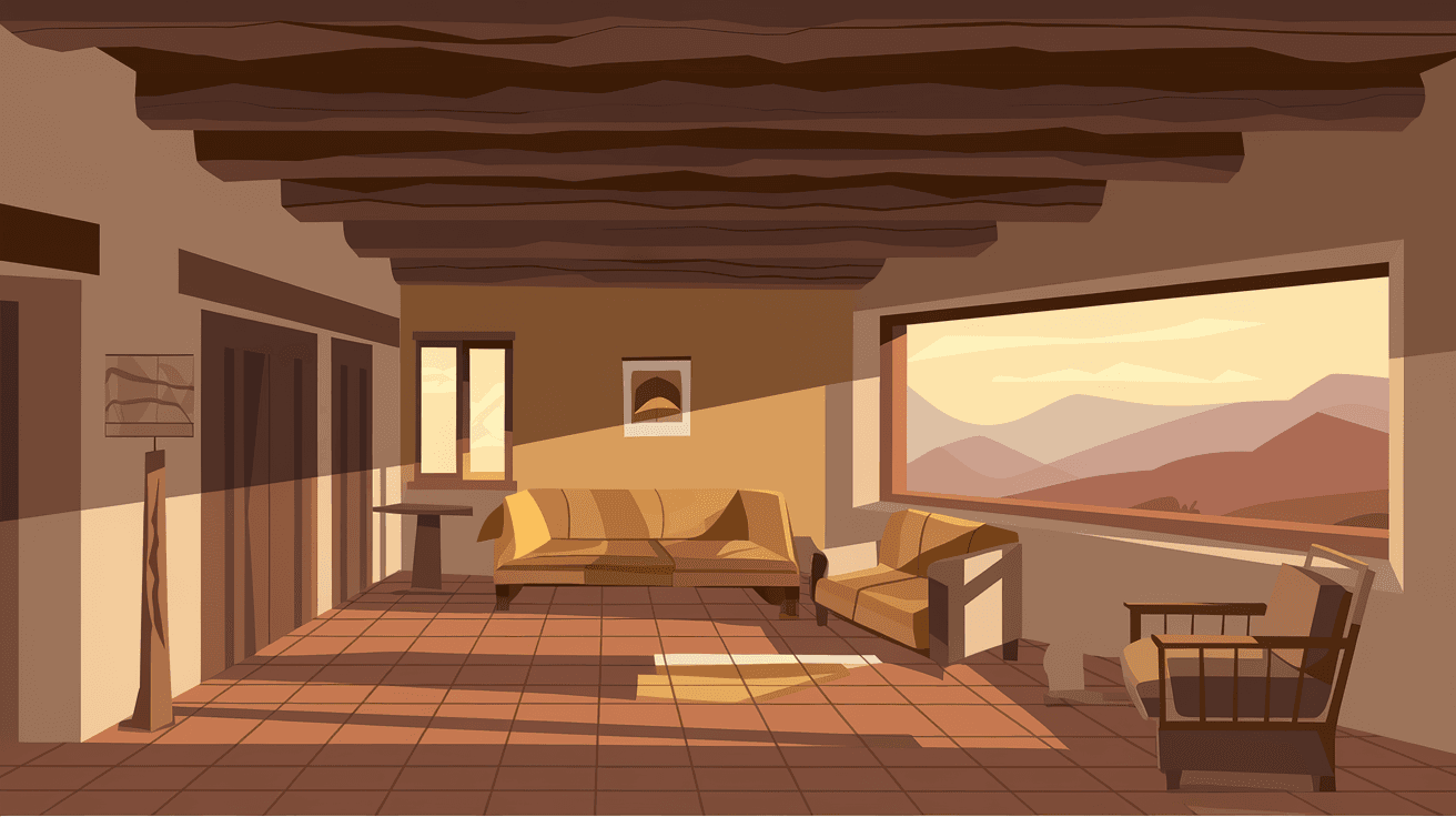 A warm, sunlit living room interior of a Southwestern-style home near the Sandia foothills with exposed vigas, terracotta tile floors, and large windows framing a view of the mountains
