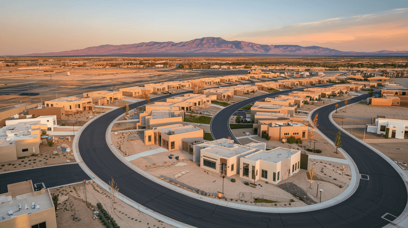 Aerial view of a Rio Rancho master-planned neighborhood at golden hour with the Sandia Mountains visible in the distance and new construction homes lining curved suburban streets