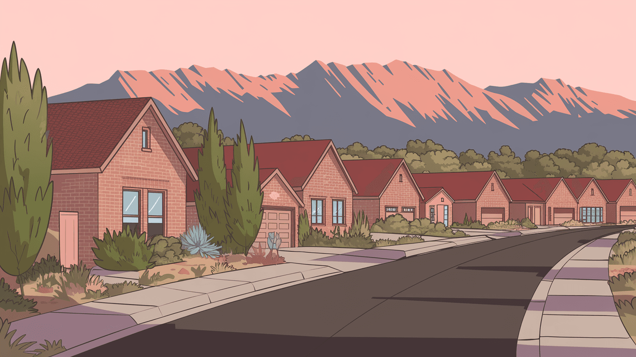 A wide-angle view of a well-maintained Albuquerque neighborhood street in the Northeast Heights with brick ranch homes, desert landscaping, and the Sandia Mountains glowing pink at sunset in the background