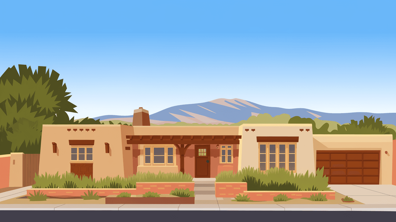 A compact adobe-style home in Albuquerque's International District with a well-tended front yard, terracotta accents, and the Sandia Mountains visible in the distance under a clear blue sky