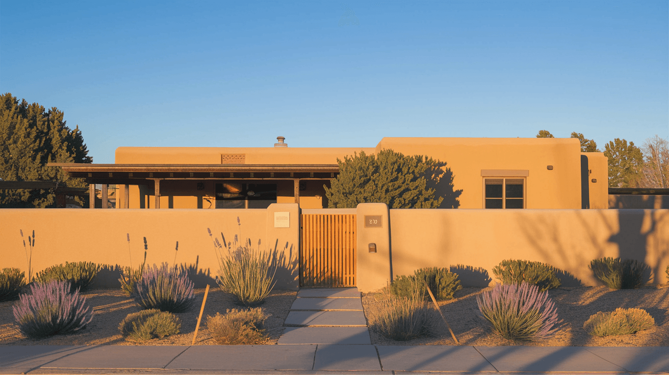 A well-maintained mid-century adobe ranch home in Albuquerque's Nob Hill neighborhood with a walled courtyard, desert landscaping, and a clear blue New Mexico sky