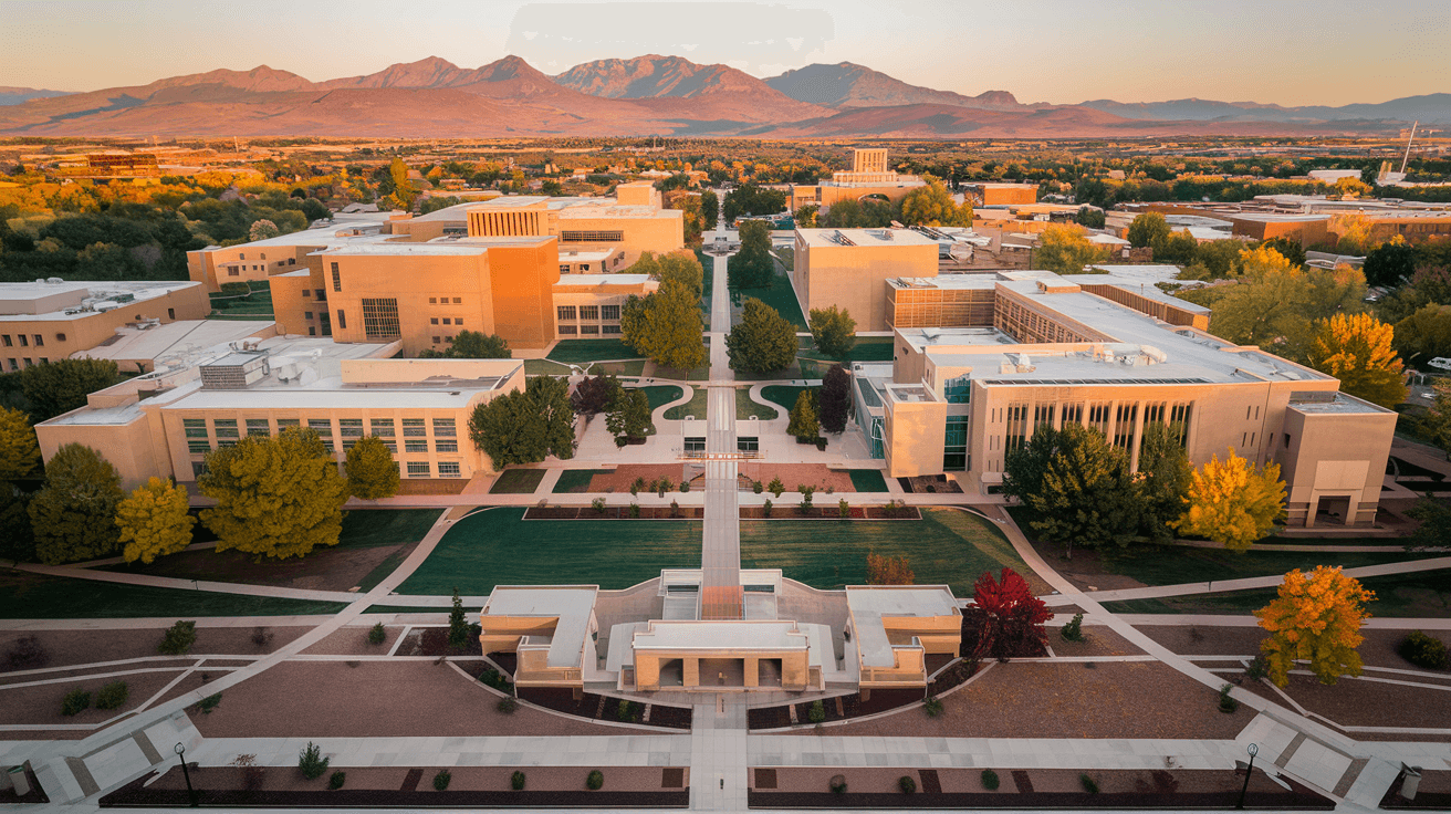 Aerial view of the University of New Mexico main campus with the Sandia Mountains visible in the background and Central Avenue running along the southern edge