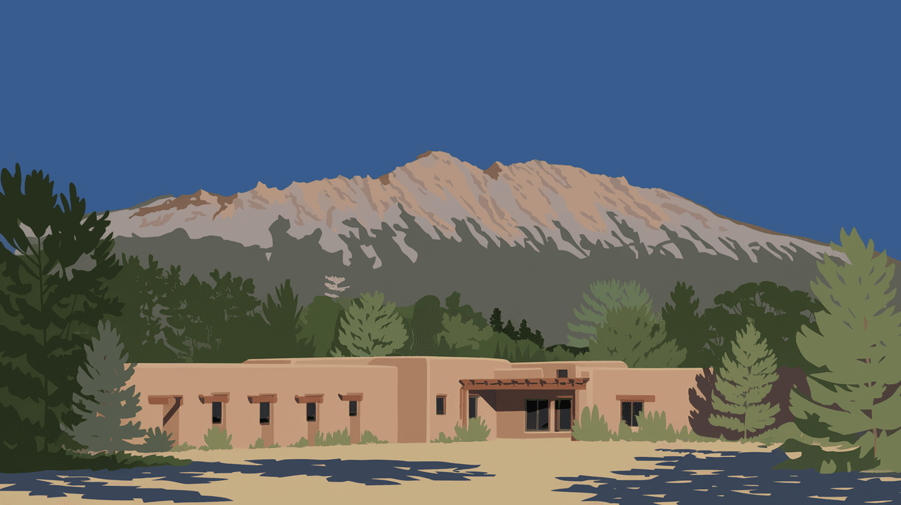 A custom adobe home on a wooded lot in the East Mountains east of Albuquerque, surrounded by ponderosa pines with the Sandia Mountains ridge visible against a deep blue sky