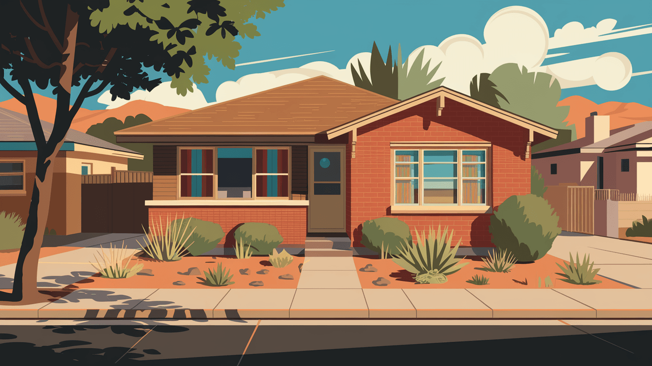 A classic 1950s brick bungalow on a tree-lined street in Nob Hill, Albuquerque, with a xeriscaped front yard and the Sandia Mountains visible in the background