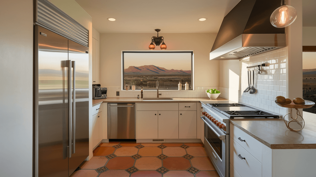 A modern kitchen inside a renovated Albuquerque home with Saltillo tile floors, stainless appliances, and a window framing a view of the Sandia Mountains at golden hour