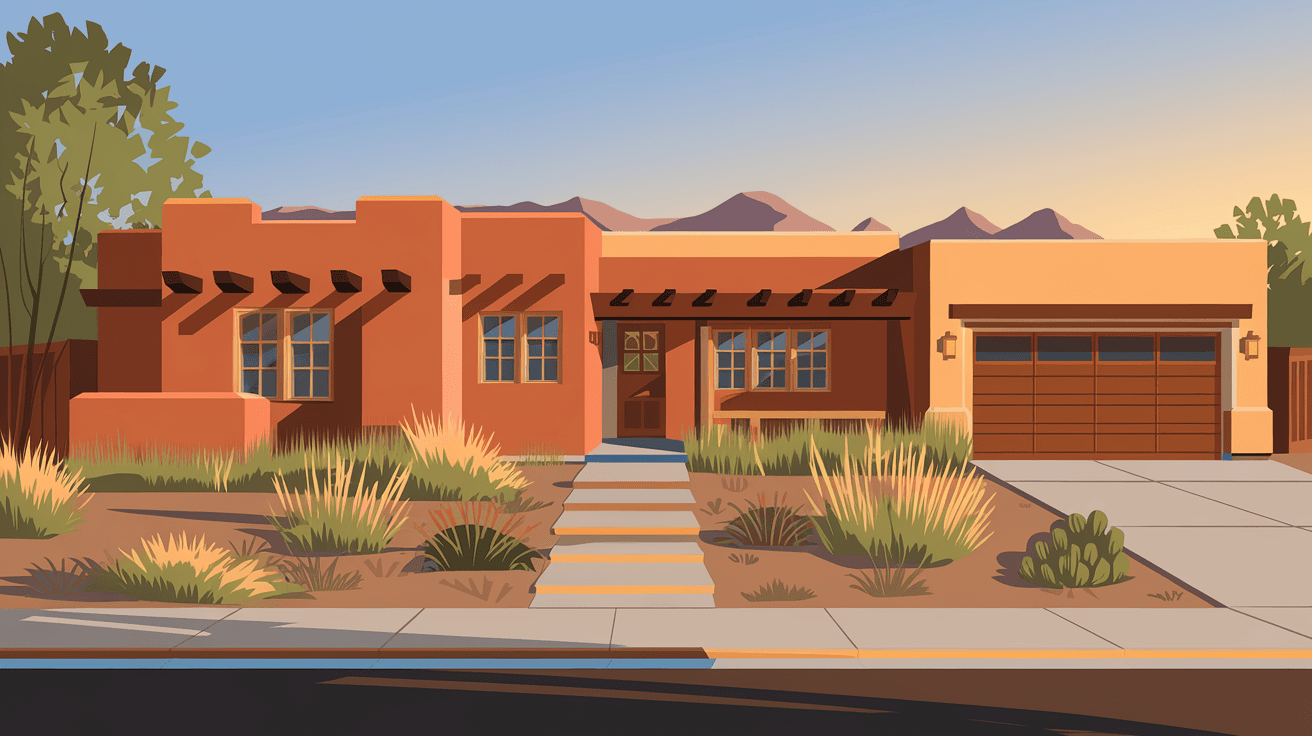 A well-maintained adobe-style single-family home in Albuquerque with a xeriscaped front yard, terracotta accents, and the Sandia Mountains visible in the distance at golden hour