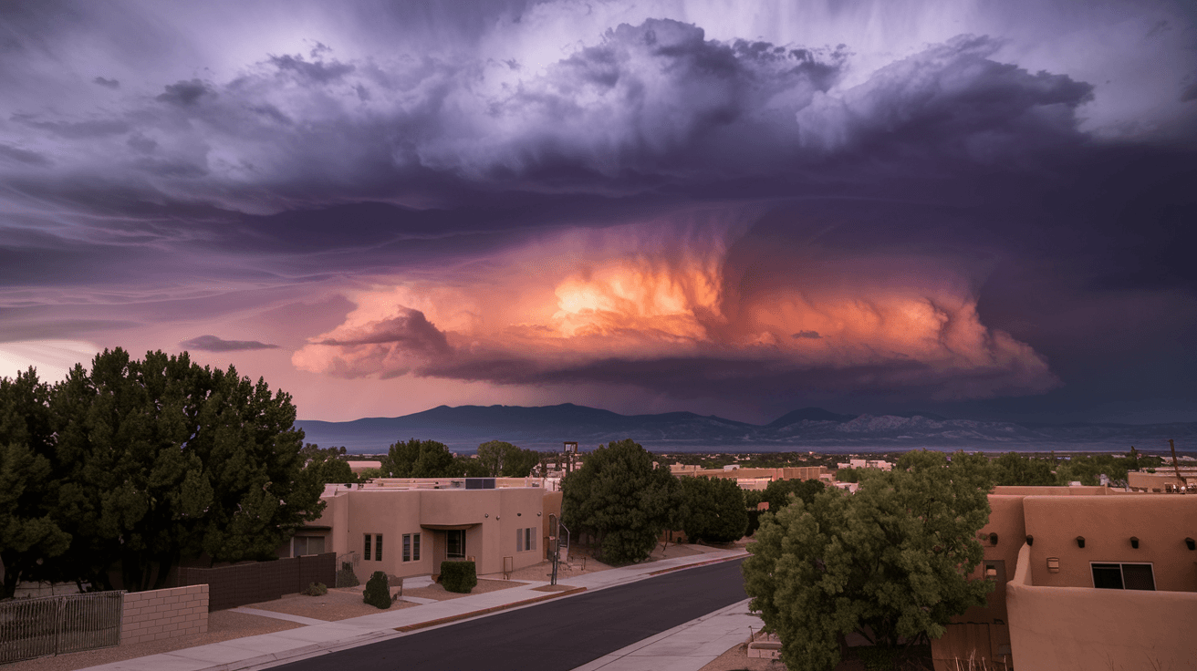 A dramatic New Mexico monsoon thunderstorm building over the Sandia Mountains at dusk, viewed from a residential street in Albuquerque with adobe homes in the foreground