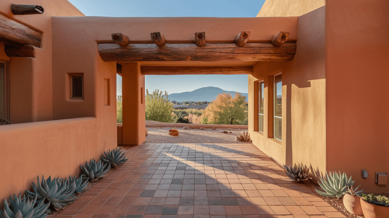 A sunlit portal on a custom adobe home in Albuquerque's High Desert neighborhood, with terracotta tile flooring and views of the Sandia Mountains through the open archway