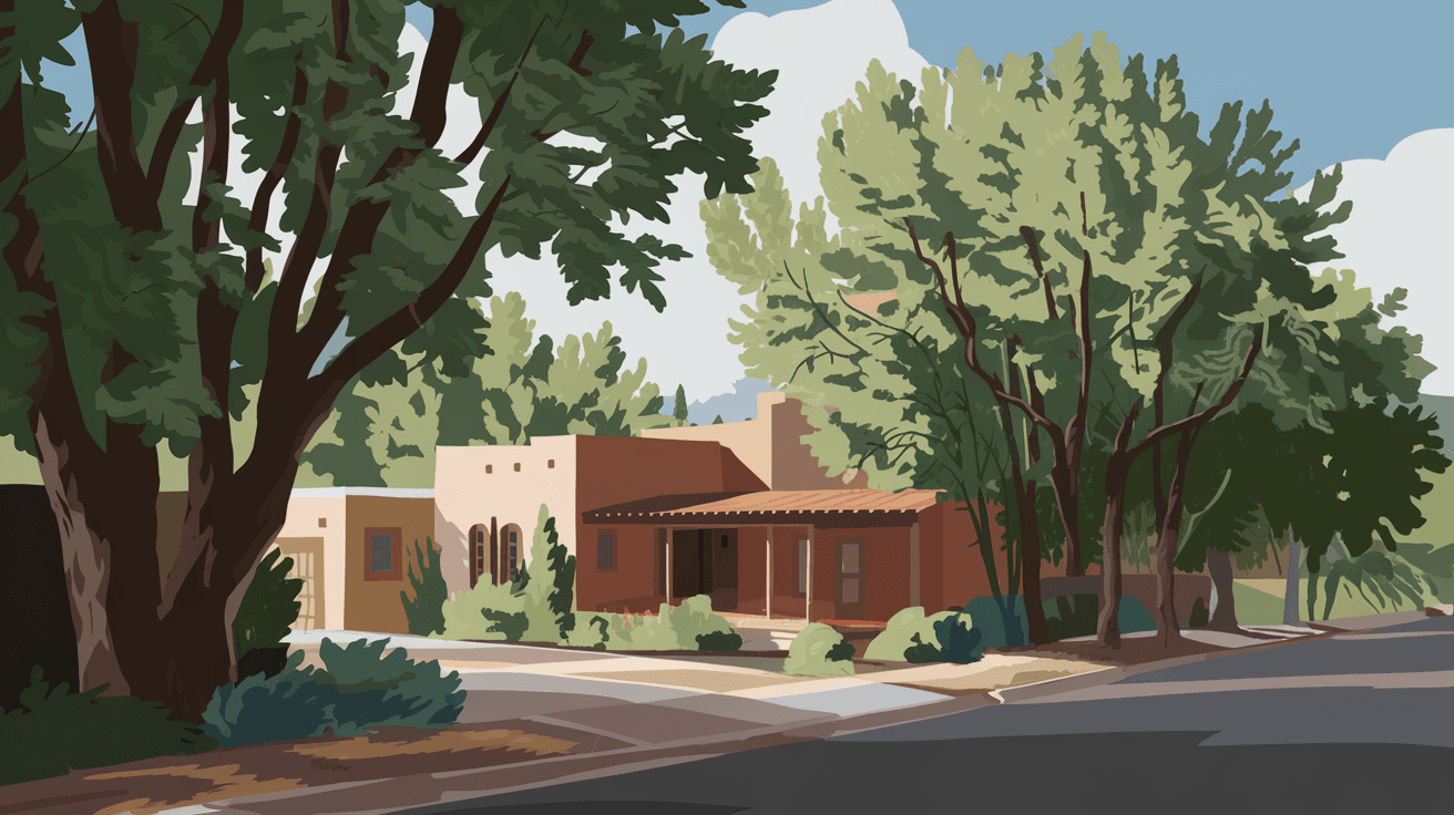 A quiet, tree-lined street in Albuquerque's North Valley with an adobe home surrounded by mature cottonwood trees, dappled afternoon light filtering through the canopy