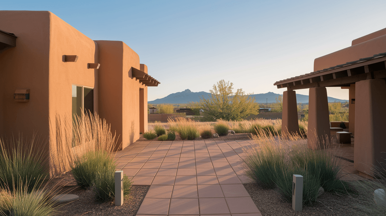 A sunlit patio behind a Southwestern contemporary home in Albuquerque's High Desert neighborhood, with terracotta tile flooring, desert landscaping, and the Sandia Mountains visible in the distance at golden hour
