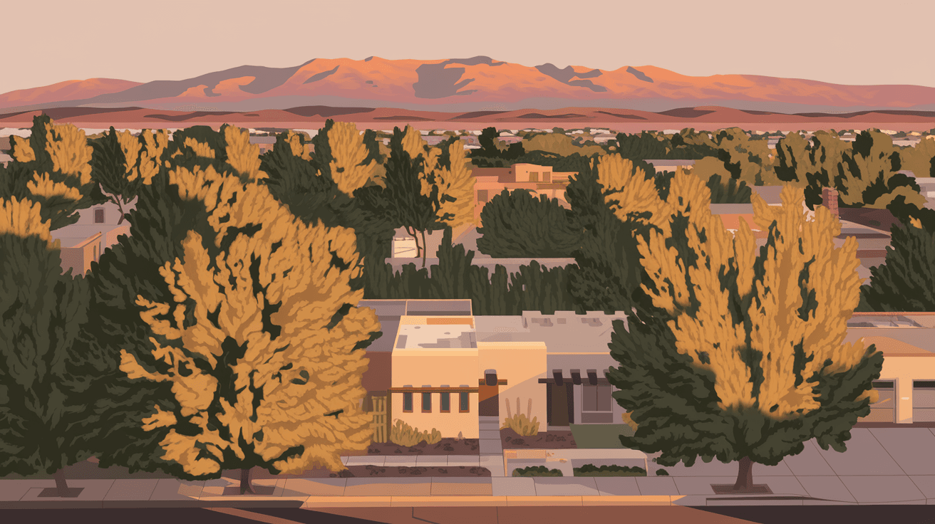 Aerial view of a tree-lined Albuquerque neighborhood in the North Valley with the Sandia Mountains glowing pink at sunset in the background, adobe and territorial-style homes visible below