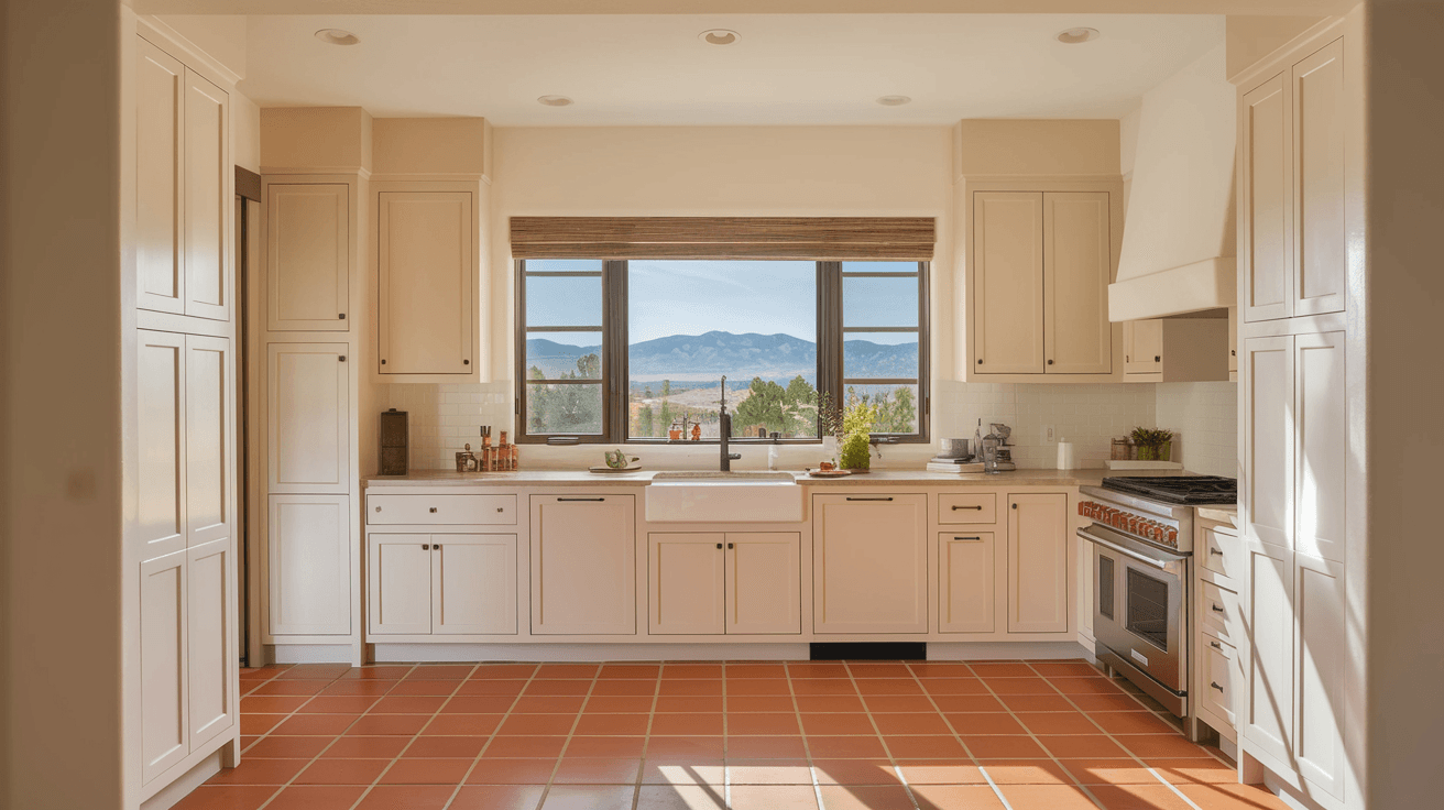A bright, modern kitchen inside a recently updated Albuquerque home with warm terracotta tile floors, white cabinetry, and a window view of the Sandia Mountains in the distance