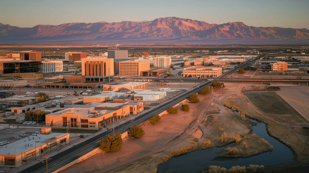 Aerial view of the Albuquerque metro at golden hour with the Sandia Mountains glowing pink in the background and the Rio Grande winding through the valley below