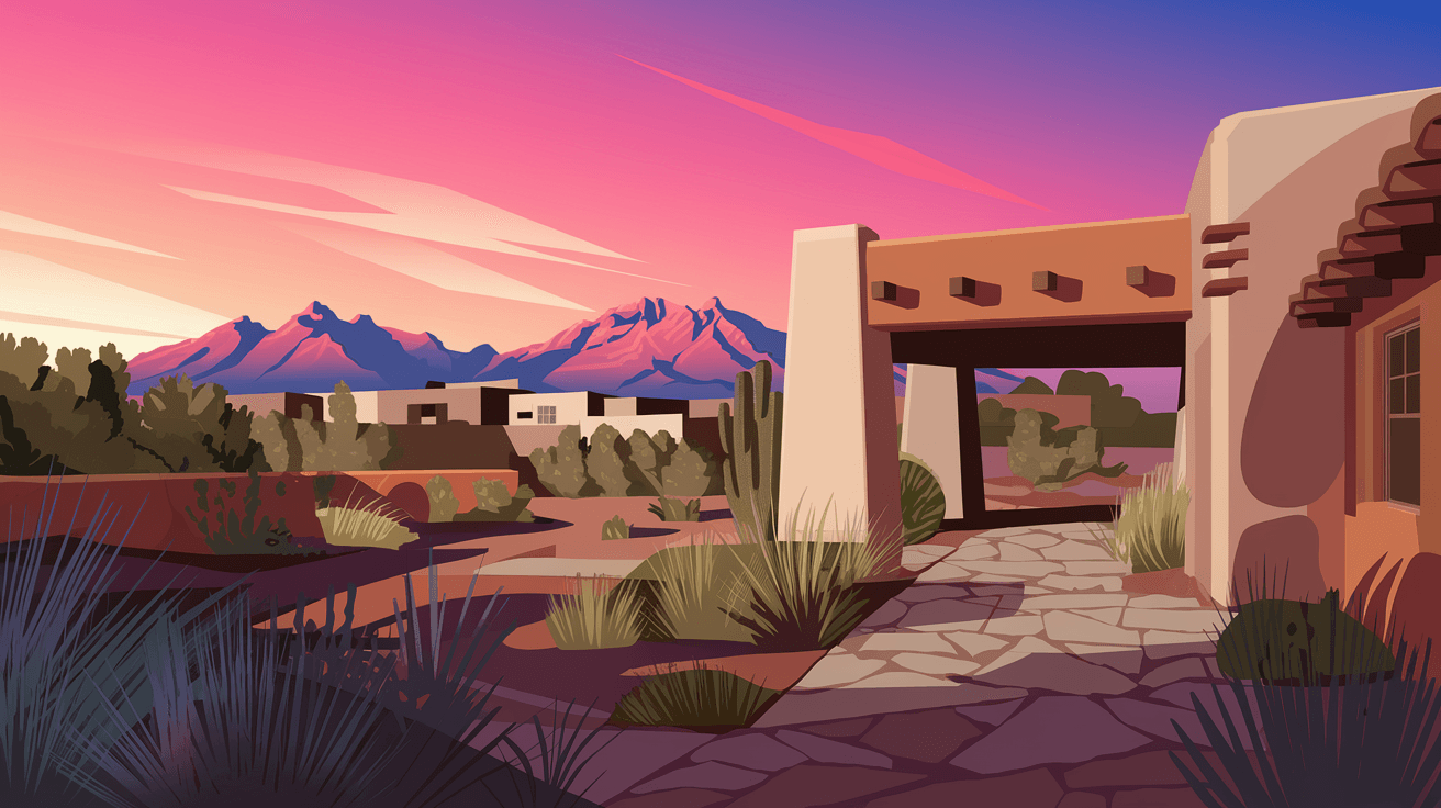 The Sandia Mountains at sunset viewed from a High Desert neighborhood backyard, with a southwestern-style home's portal and landscaped desert yard in the foreground