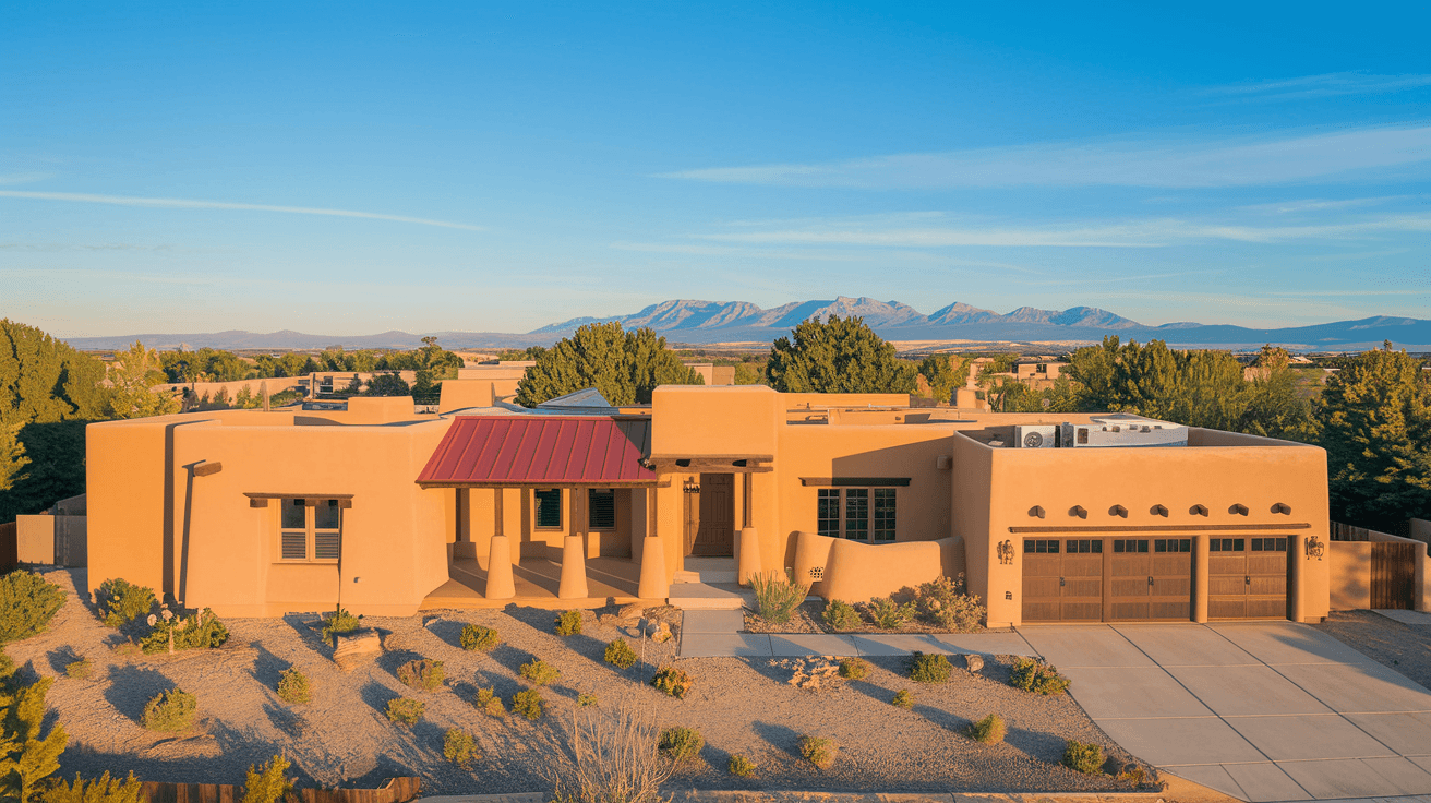 A well-maintained four-bedroom territorial adobe home in Albuquerque's Northeast Heights with desert landscaping, a two-car garage, and the Sandia Mountains visible in the distance under a wide New Mexico sky