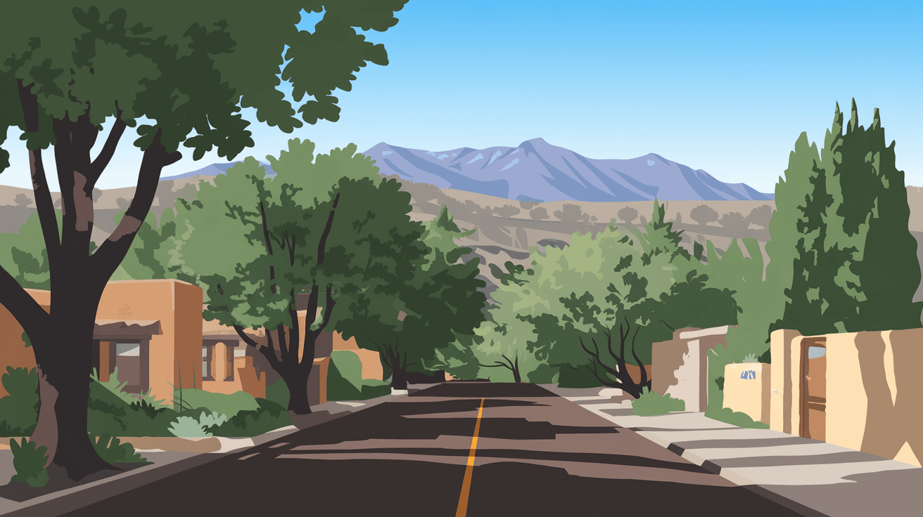 A quiet residential street in Albuquerque's Northeast Heights with mature cottonwood trees, territorial-style adobe homes, and the Sandia Mountains visible at the end of the road in morning light
