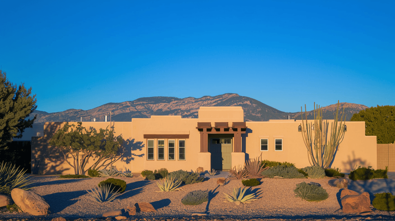 A well-maintained Southwest-style home in Albuquerque's Northeast Heights with a desert landscaped front yard, Sandia Mountains visible in the background under a vivid blue sky