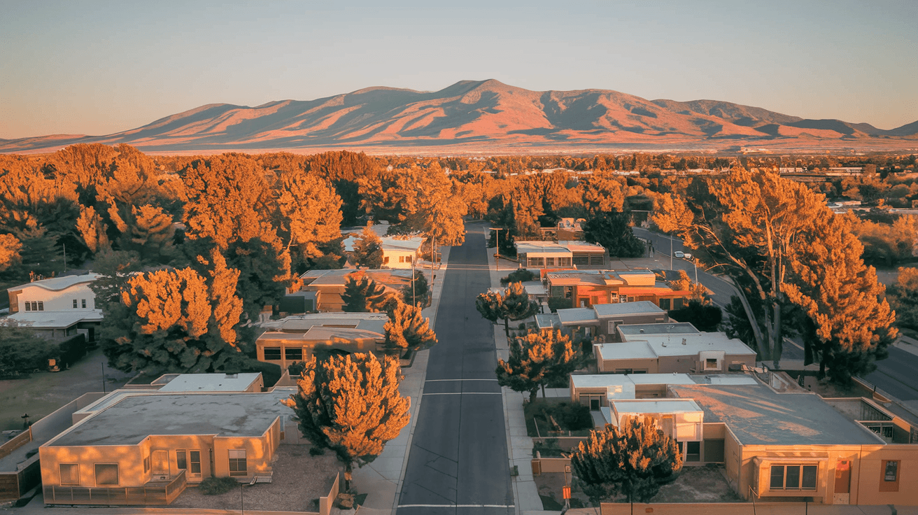 Aerial view of the Sandia Mountains rising above Albuquerque's eastern neighborhoods at golden hour, with residential streets and mature trees visible in the foreground