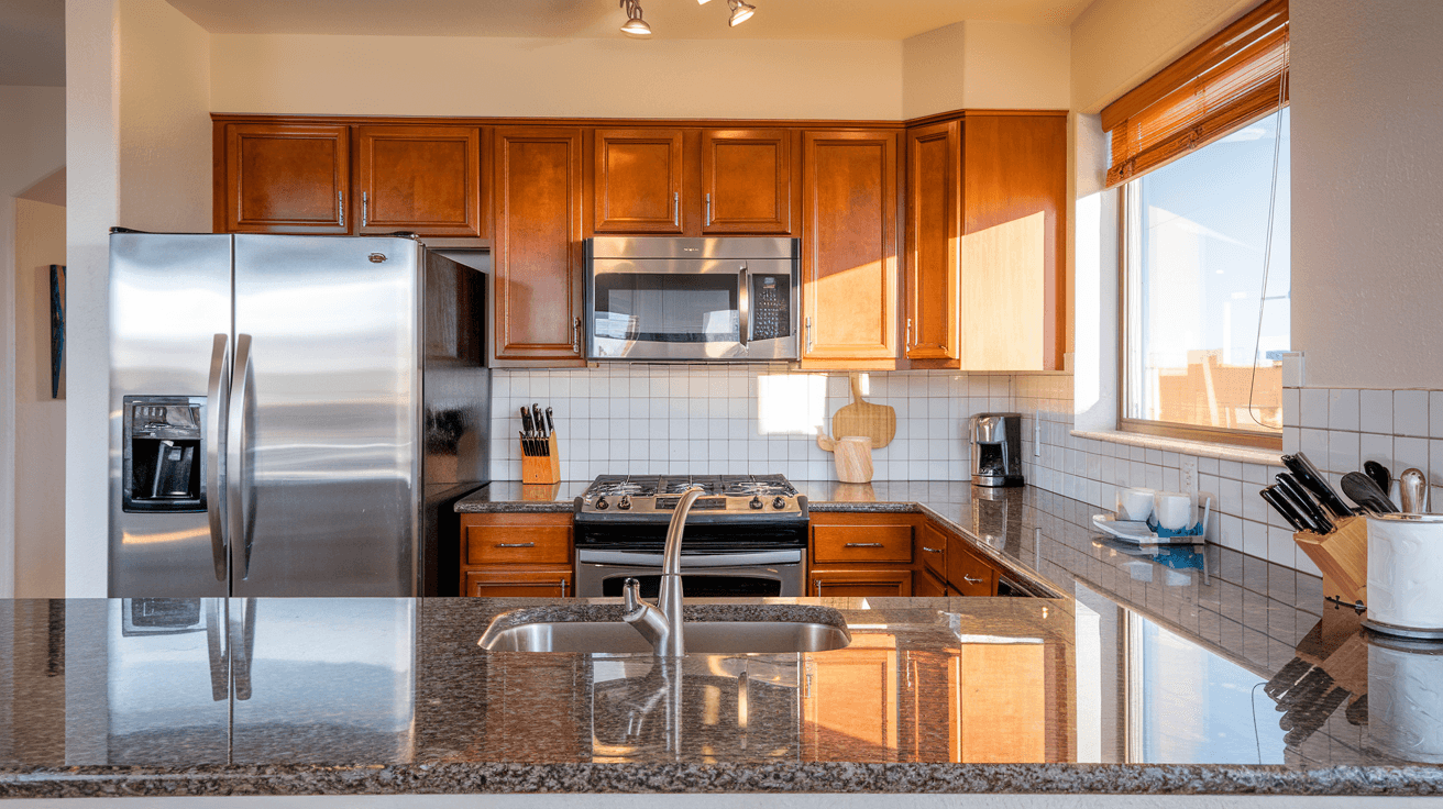 Interior of a clean, updated three-bedroom rental home kitchen in Albuquerque with granite countertops, stainless appliances, and warm afternoon light coming through the window